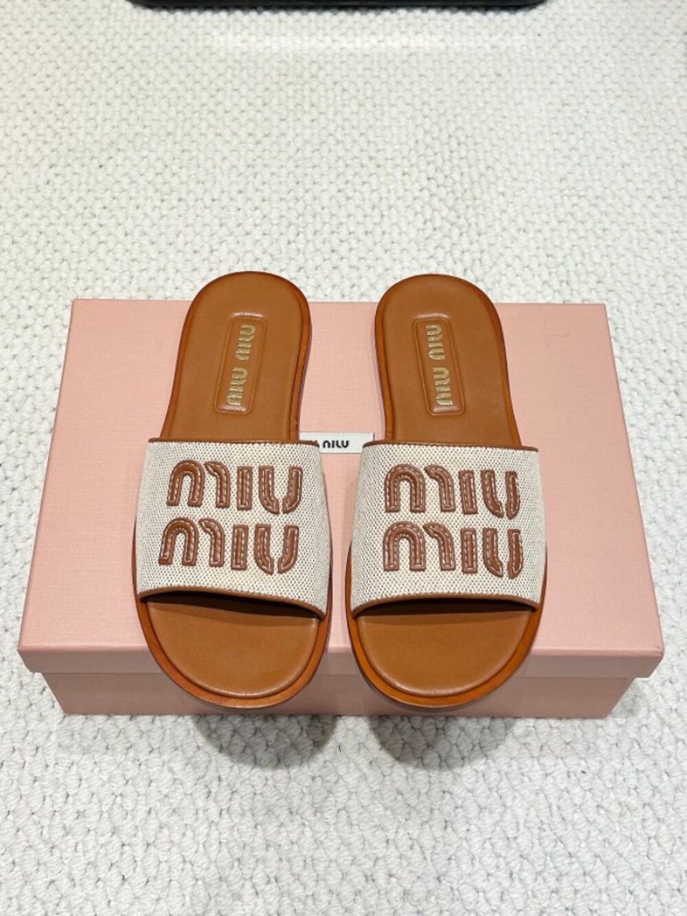 Miu Miu Embroidered Canvas Slide Sandals